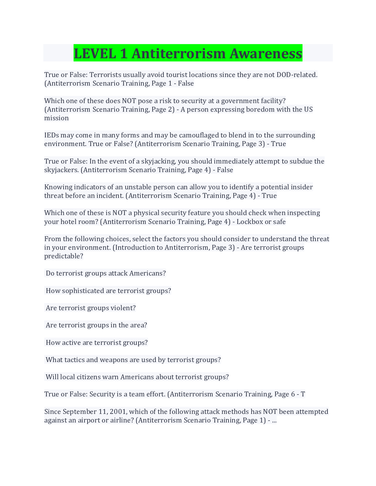 LEVEL 1 Antiterrorism Awareness Questions And Answers Latest Update